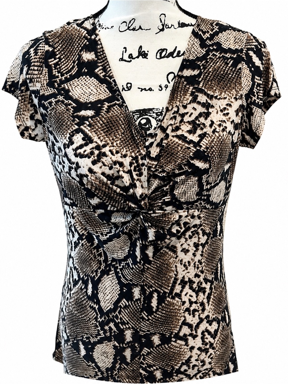 Isabella Rodriguez Python-Print Twist Front Top in Black and Brown